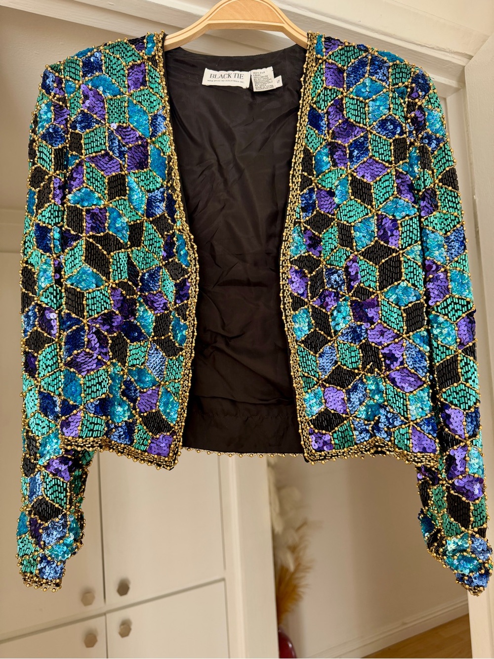 Vintage Black Tie Sequin Beaded Cropped Blazer - Teal & Purple